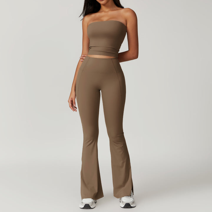 Brown strapless top and flared pants set on a plain background