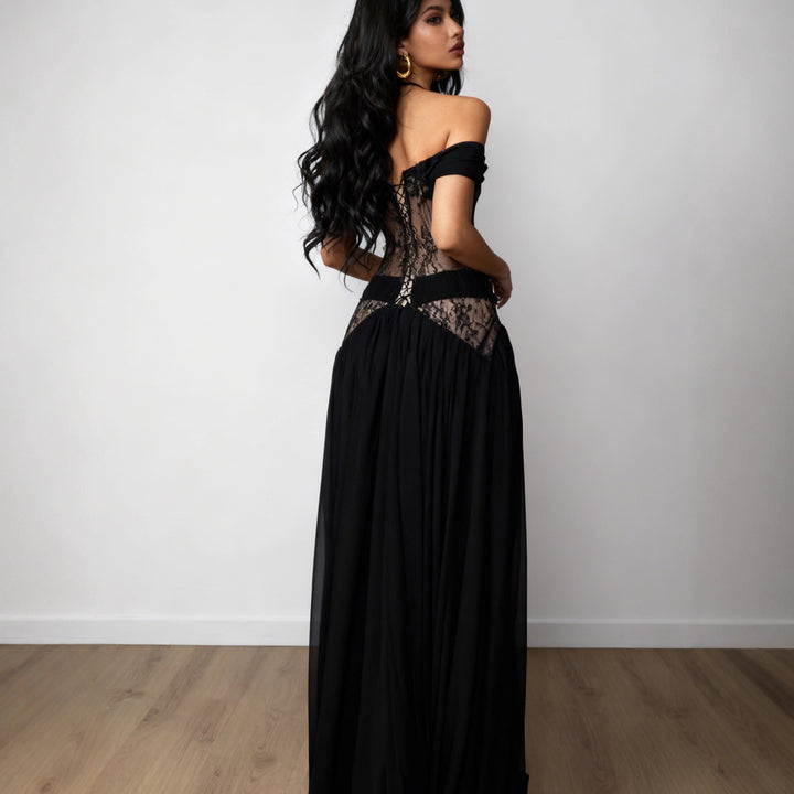 Black Off-Shoulder Lace Evening Dress