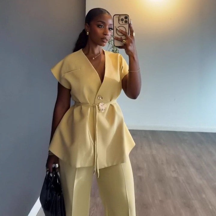Womens V-Neck Sleeveless Top and Wide-Leg Pants Set